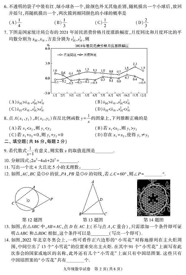 2022年北京朝阳区九年级综合练习(一)数学试卷及答案(朝阳初三一模)第2页