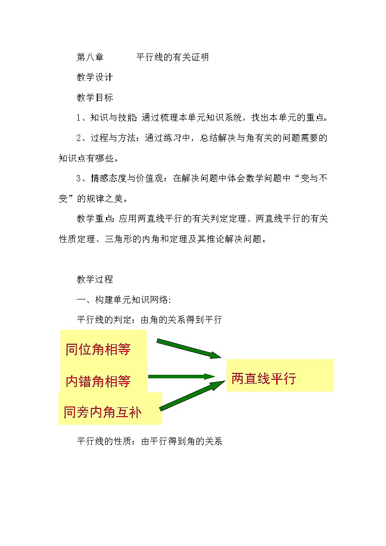 魯教版（五四制）七年級下冊數(shù)學 第八章 平行線的有關證明（復習） 教案第1頁
