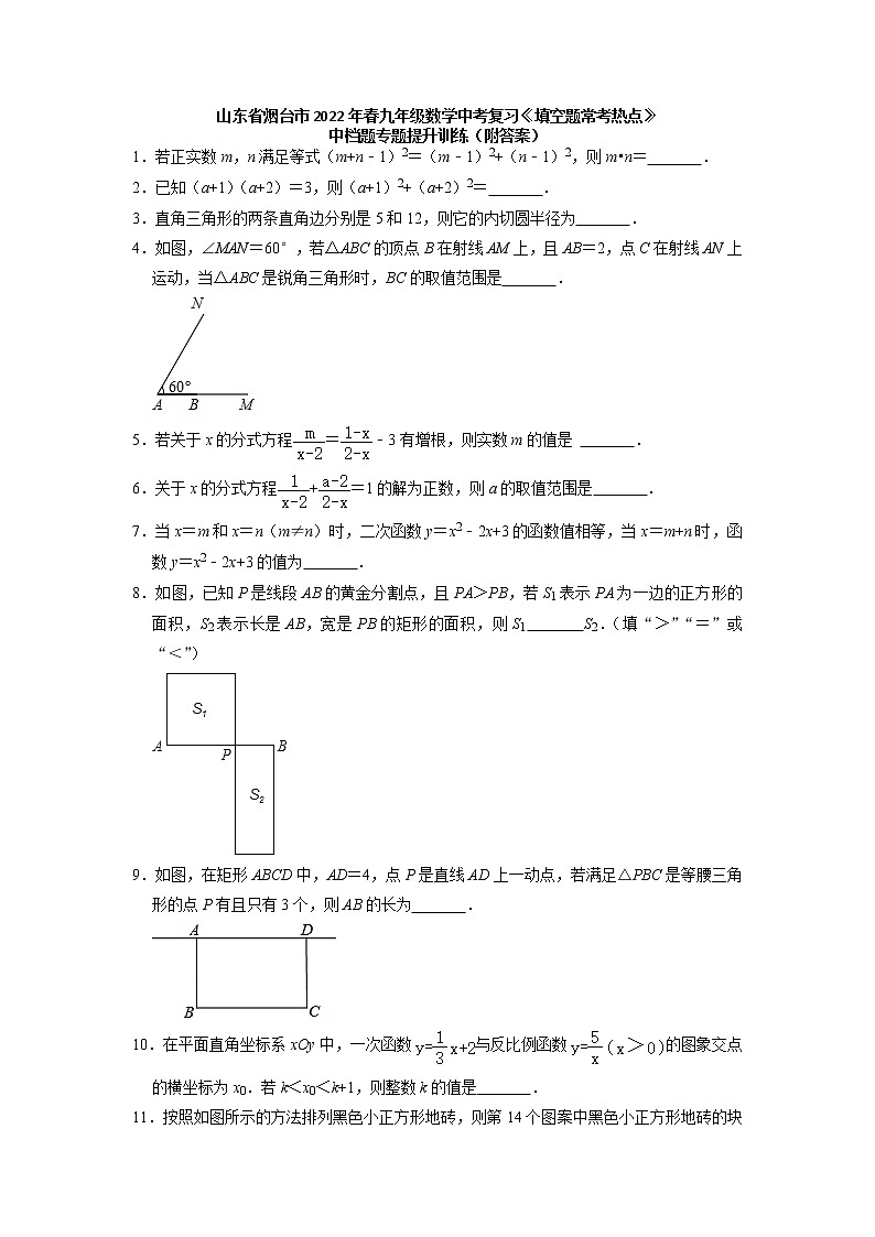 山东省烟台市2022年九年级数学中考复习《填空题常考热点》中档题专题提升训练第1页