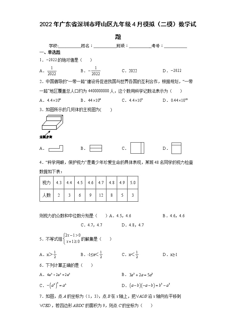 2022年广东省深圳市坪山区九年级4月模拟(二模)数学试题(word版含答案)第1页