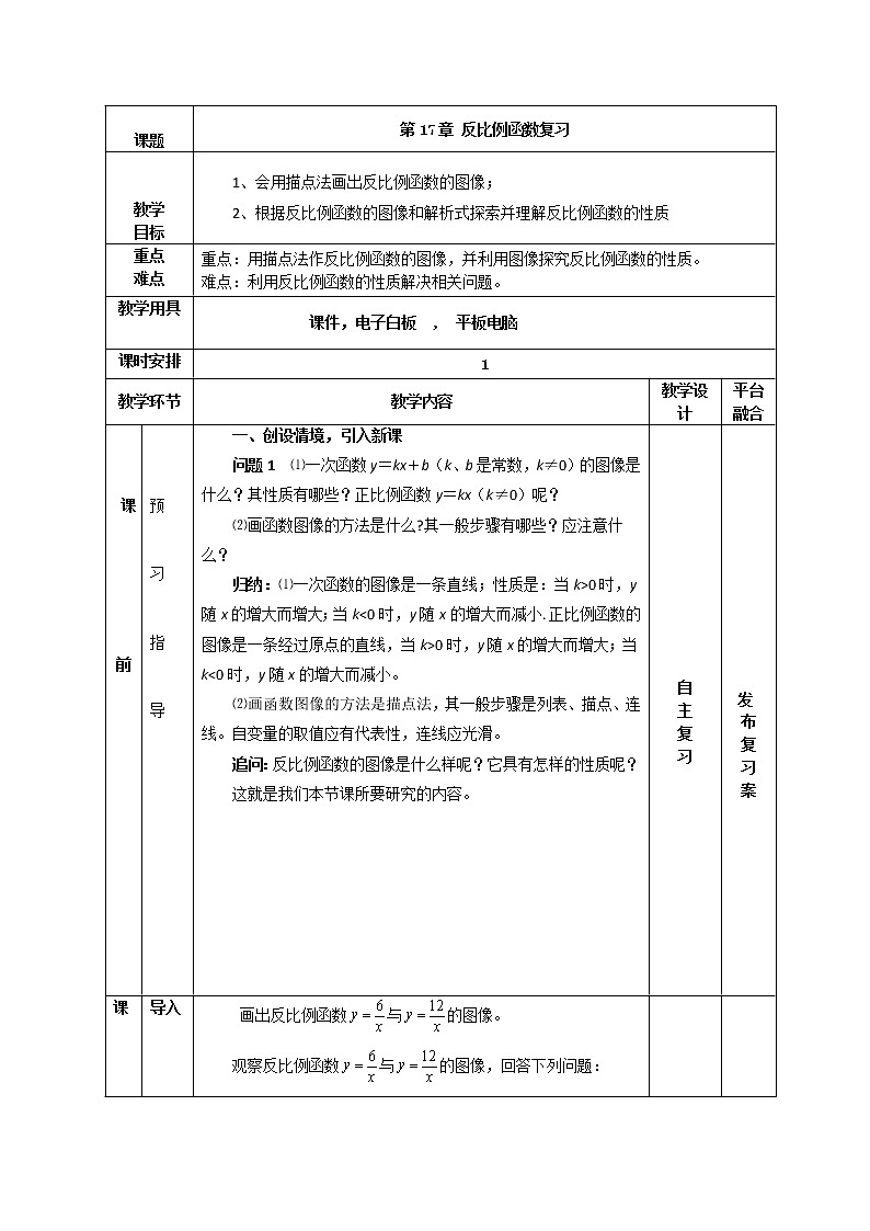 华师大版八下数学 17.4.1反比例函数 复习 教案第1页