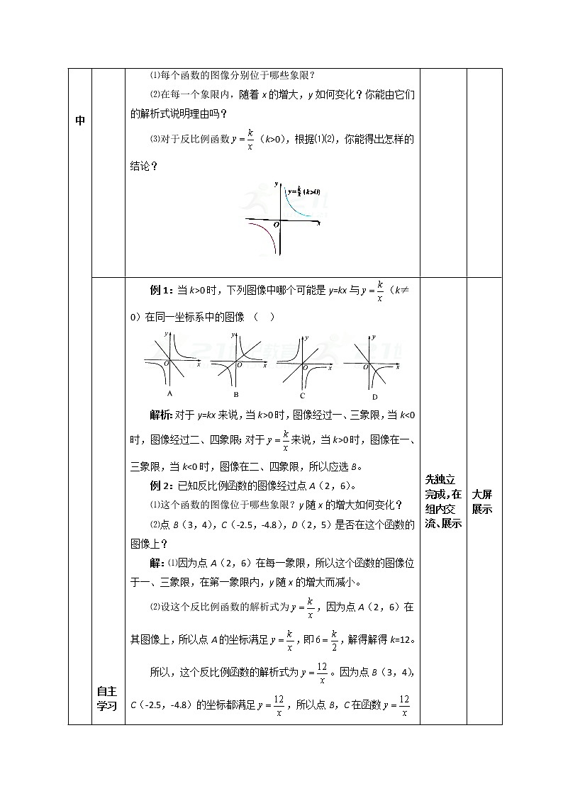 华师大版八下数学 17.4.1反比例函数 复习 教案第2页
