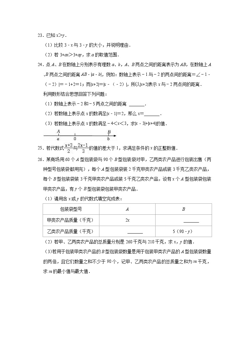 2021-2022学年人教新版七年级下册数学 第9章 不等式与不等式组 单元测试卷(word版、含解析)03