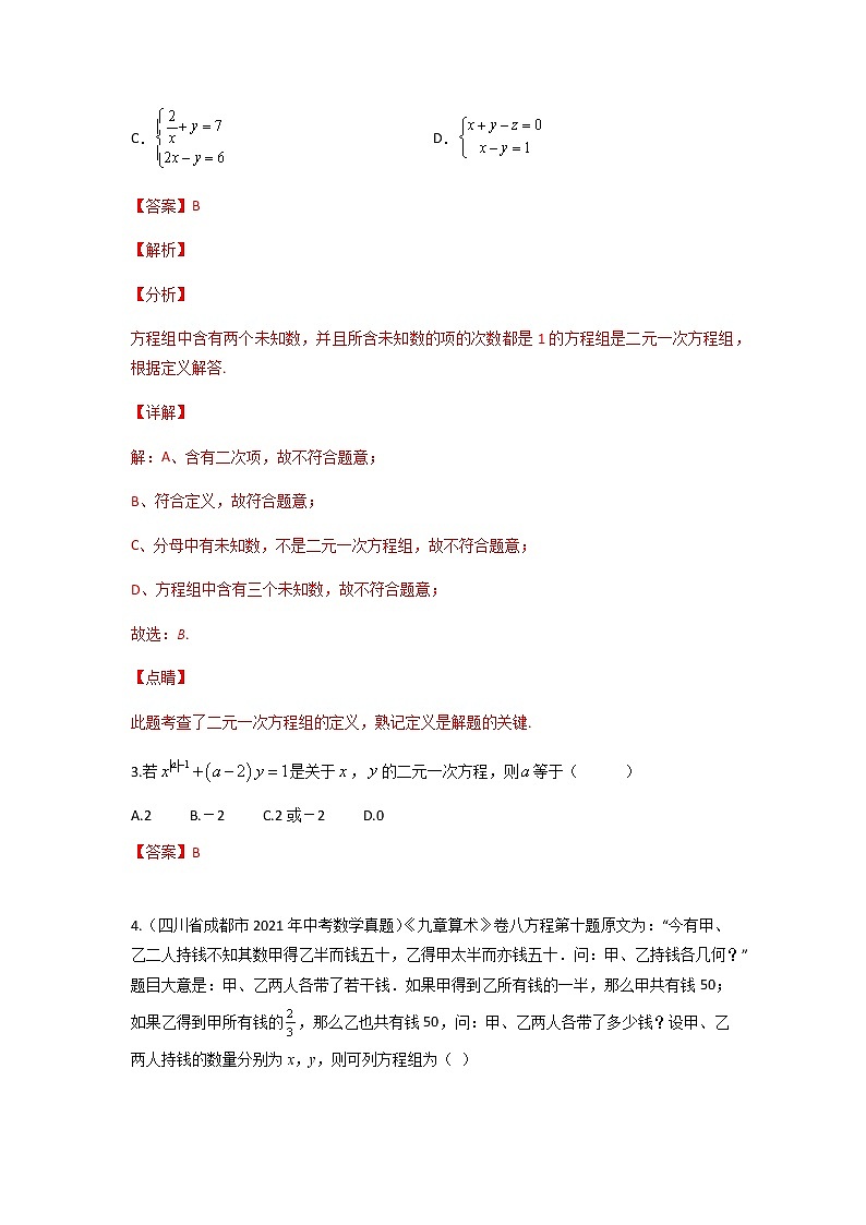 8.1 二元一次方程组-2021-2022学年七年级数学第二学期课后练习(人教版)(解析版)第2页