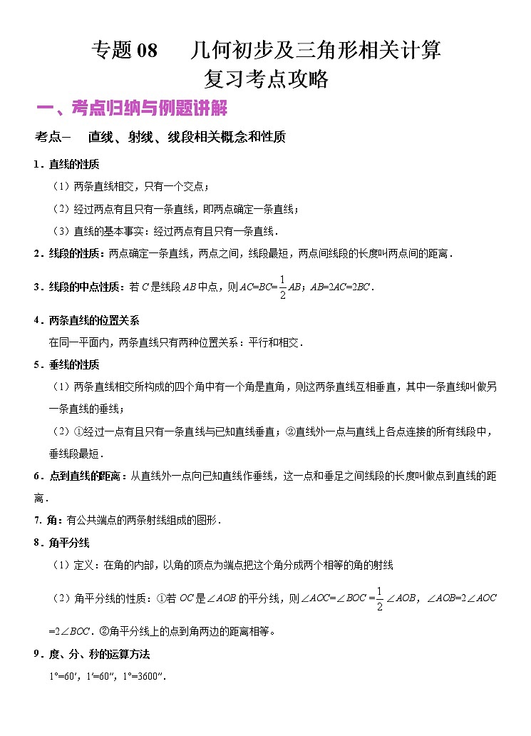 专题08 几何初步及三角形相关计算(讲+练)-2022年中考数学二轮复习核心专题复习攻略(解析版)第1页