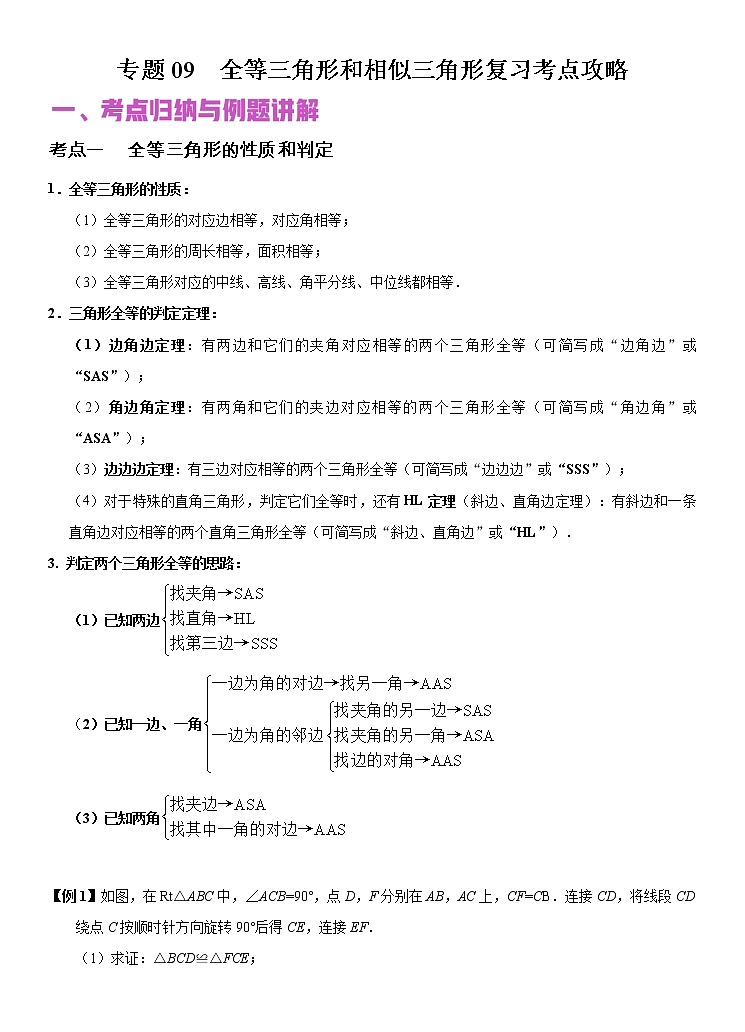专题09 全等三角形和相似三角形(讲+练)-2022年中考数学二轮复习核心专题复习攻略(解析版)第1页