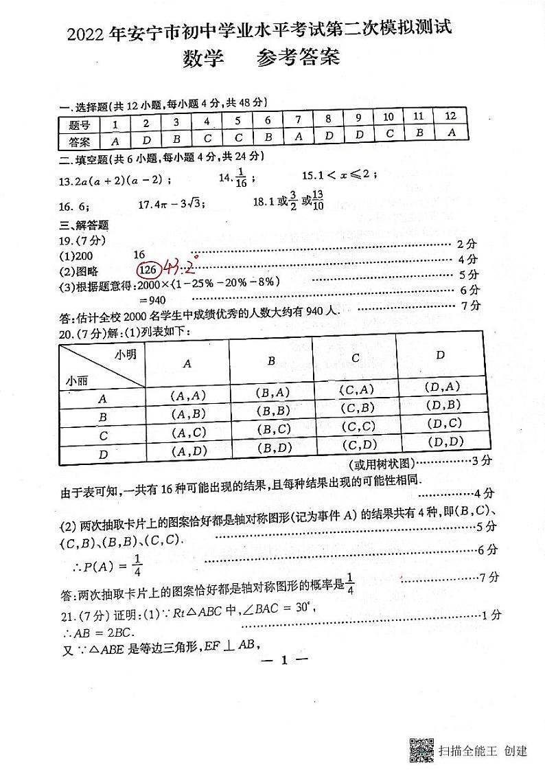 2022年云南省昆明市安宁市初中学业水平第二次模拟考试数学试题(有答案)01