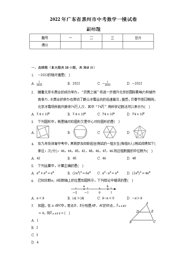 2022年广东省惠州市中考数学一模试卷(含解析 )第1页