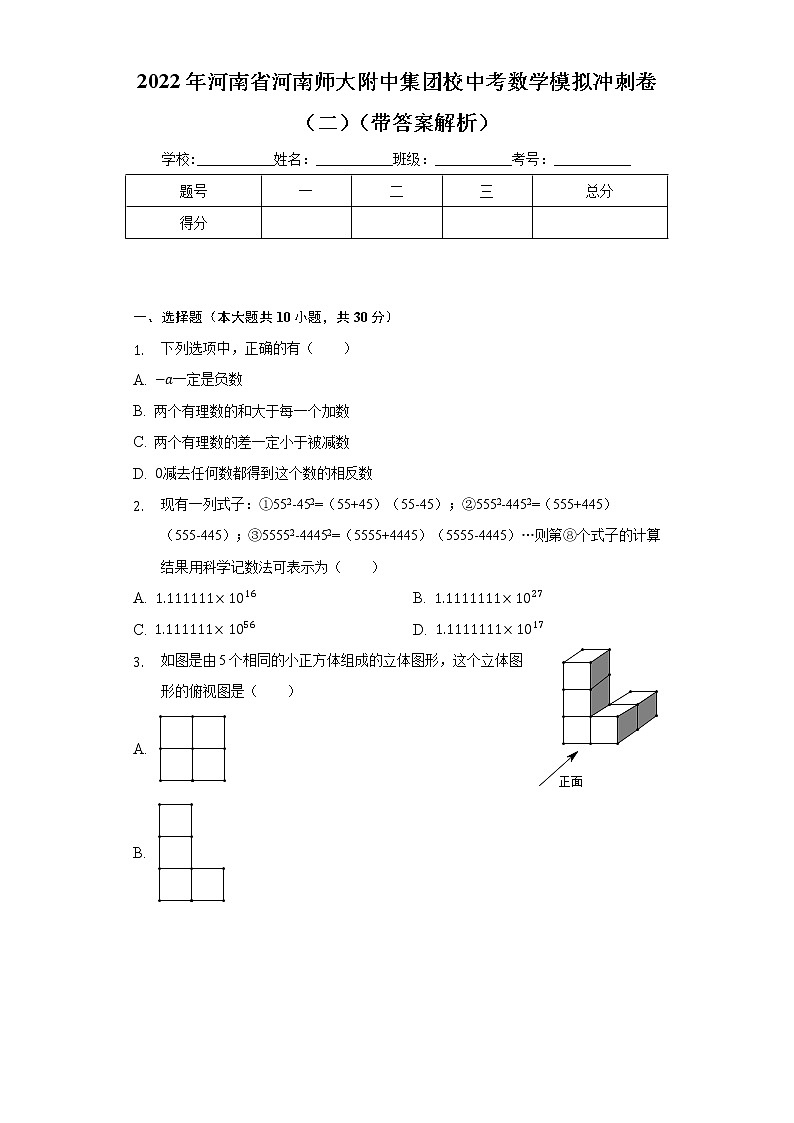 2022年河南省河南师大附中集团校中考数学模拟冲刺卷(二)(word版含答案)第1页