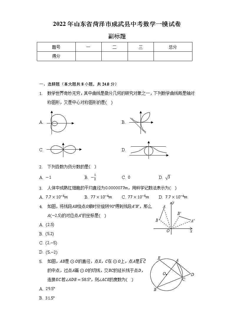 2022年山东省菏泽市成武县中考数学一模试卷(含解析)第1页