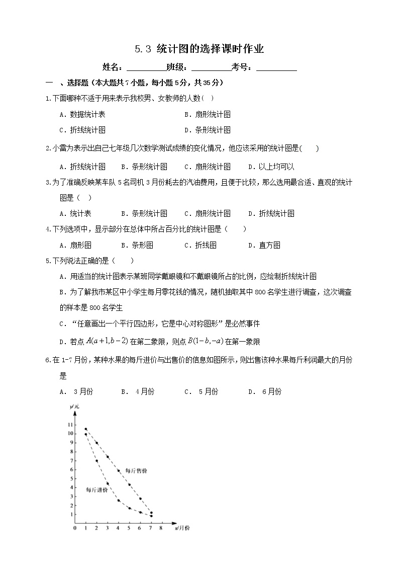 初中数学沪科版七年级上册第5章  数据处理5.3  用统计图描述数据课时作业