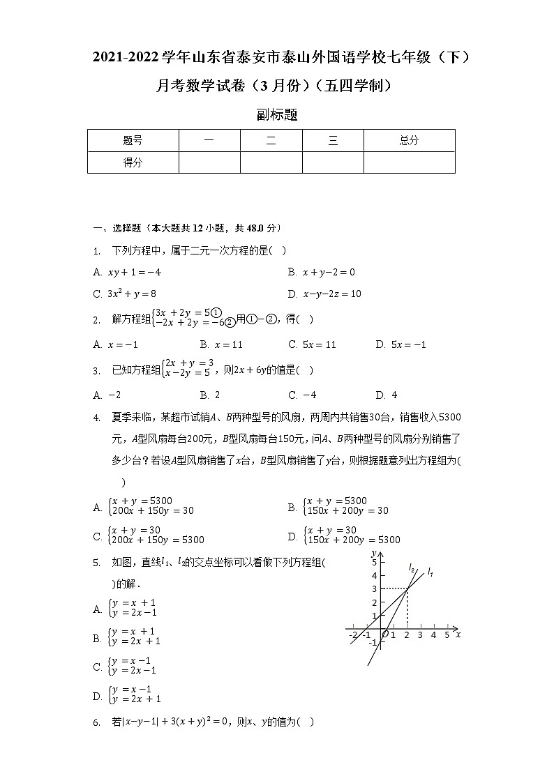 2021-2022学年山东省泰安市泰山外国语学校七年级(下)月考数学试卷(3月份)(五四学制)(含解析)第1页