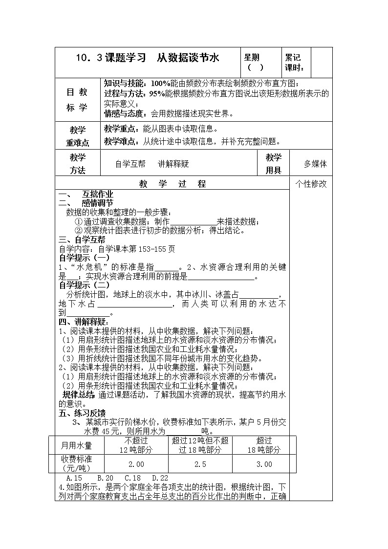 10.3课题学习——从数据谈节水 教案(表格式)第1页