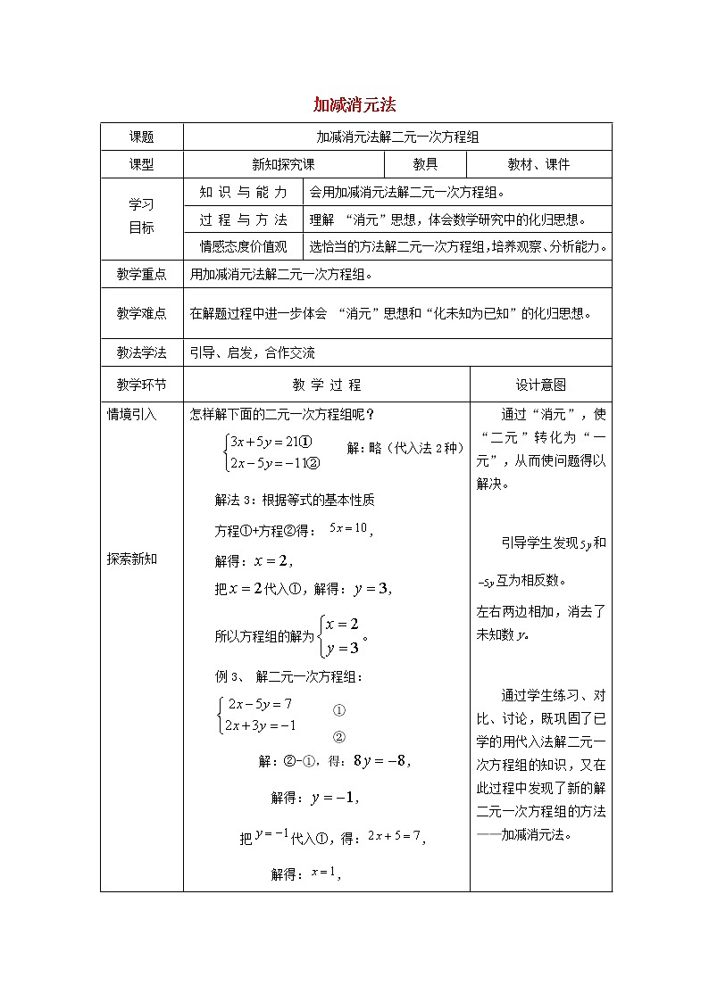 2022春华东师大版七年级数学下册第7章一次方程组7.2二元一次方程组的解法7.2.2加减消元法教学设计第1页