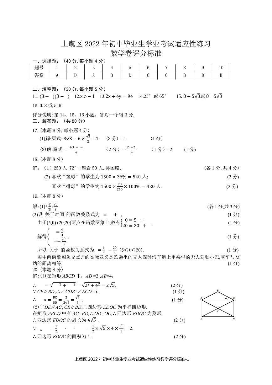 2022年浙江省紹興市上虞區(qū)初中畢業(yè)生學(xué)業(yè)評價文化考試適應(yīng)性模擬數(shù)學(xué)（答案）第1頁