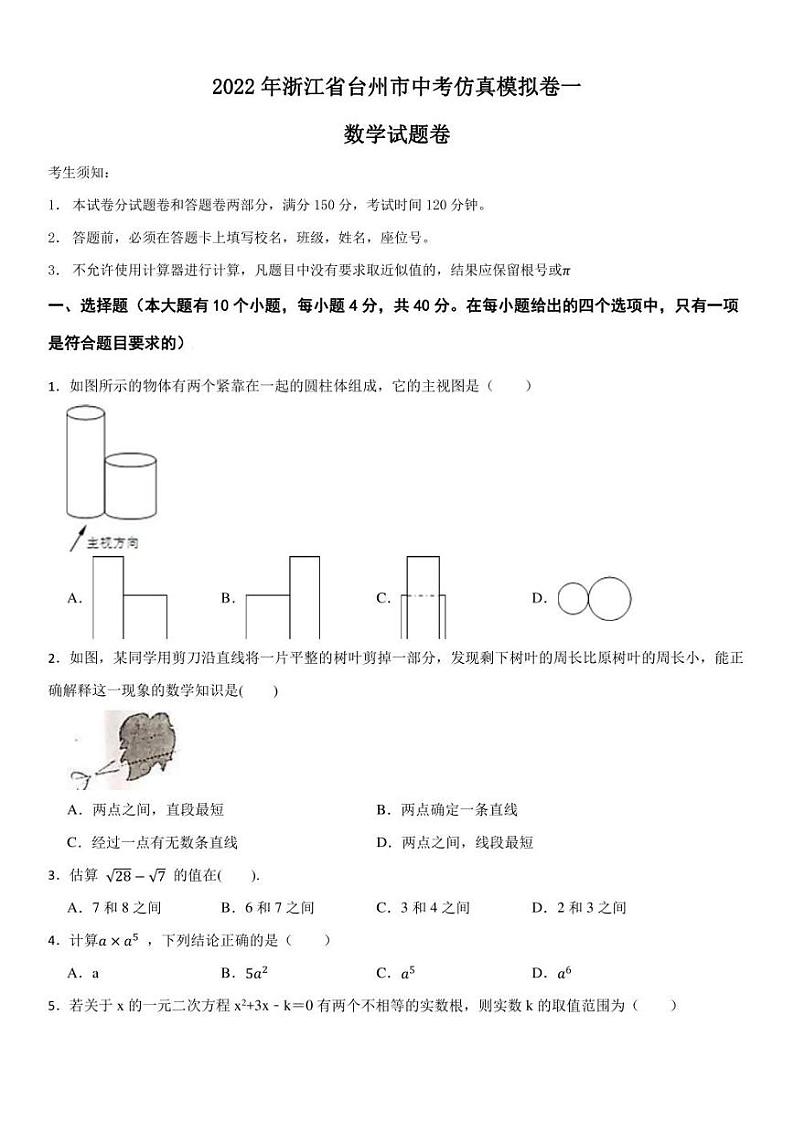 2022年浙江省台州市中考数学仿真模拟卷(含答案)第1页