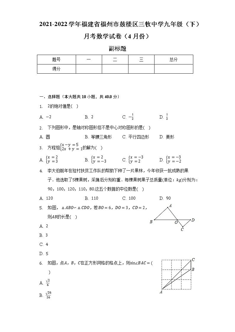 2021-2022學年福建省福州市鼓樓區(qū)三牧中學九年級(下)月考數(shù)學試卷(4月份)(含解析)第1頁