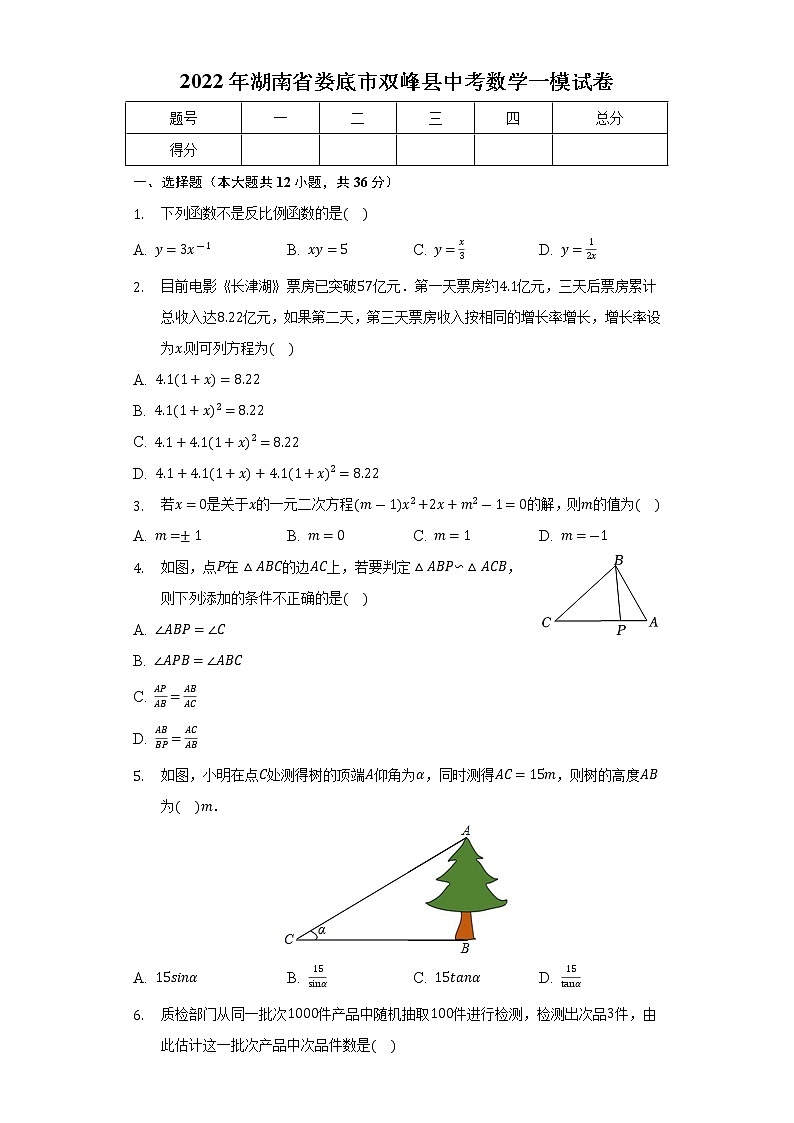 2022年湖南省娄底市双峰县中考数学一模试卷(含答案)01