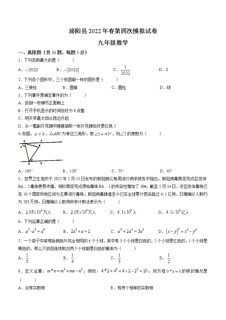 2022年河南省驻马店市泌阳县中考模拟四数学试题(word版含答案)01