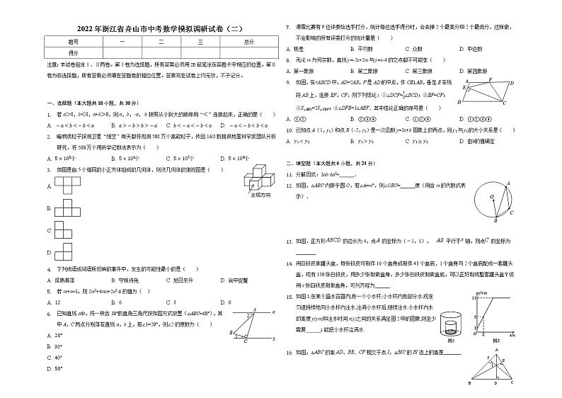 2022年浙江省舟山市中考数学模拟调研试卷(二)(word版含答案)第1页