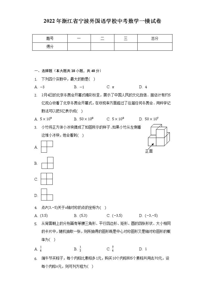 2022年浙江省宁波外国语学校中考数学一模试卷(含解析)01