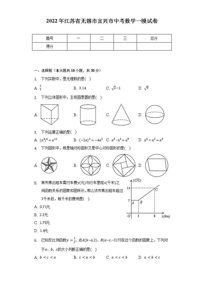 2022年江苏省无锡市宜兴市中考数学一模试卷(含解析)01