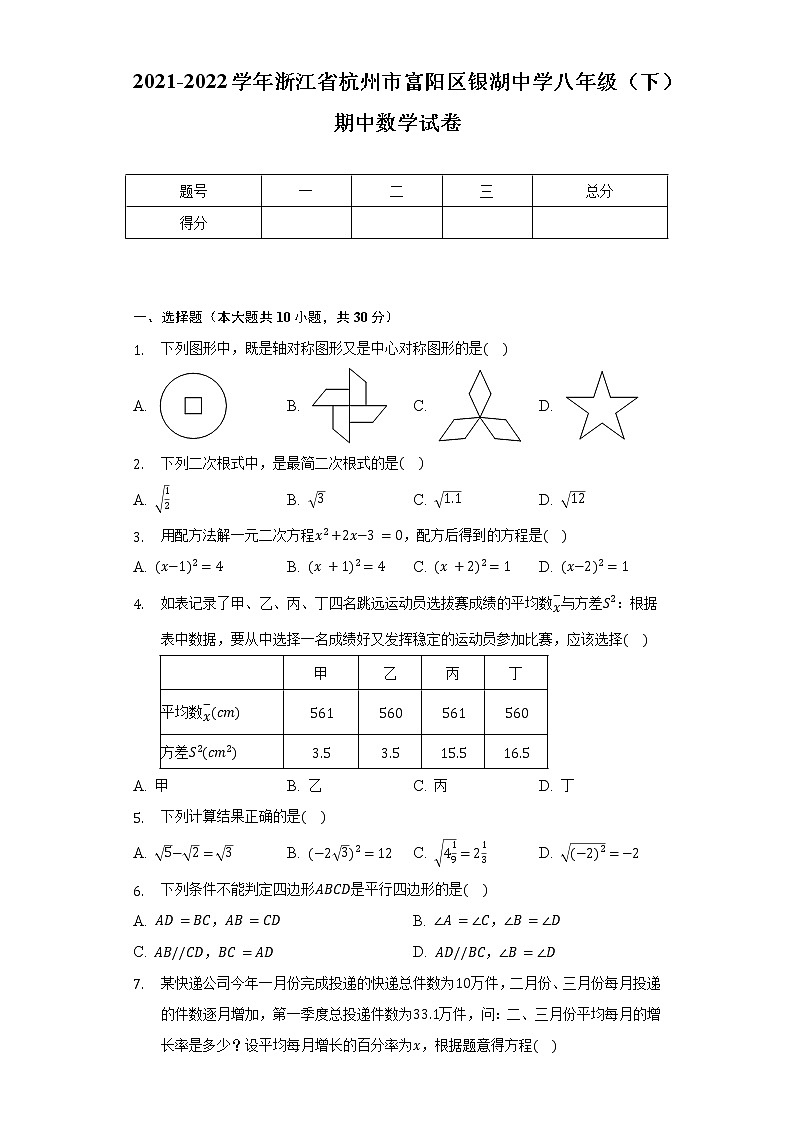 2021-2022學(xué)年浙江省杭州市富陽區(qū)銀湖中學(xué)八年級（下）期中數(shù)學(xué)試卷（含解析）第1頁