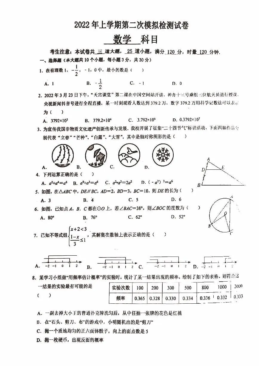 2022中雅九年级第二次模拟数学试卷第1页