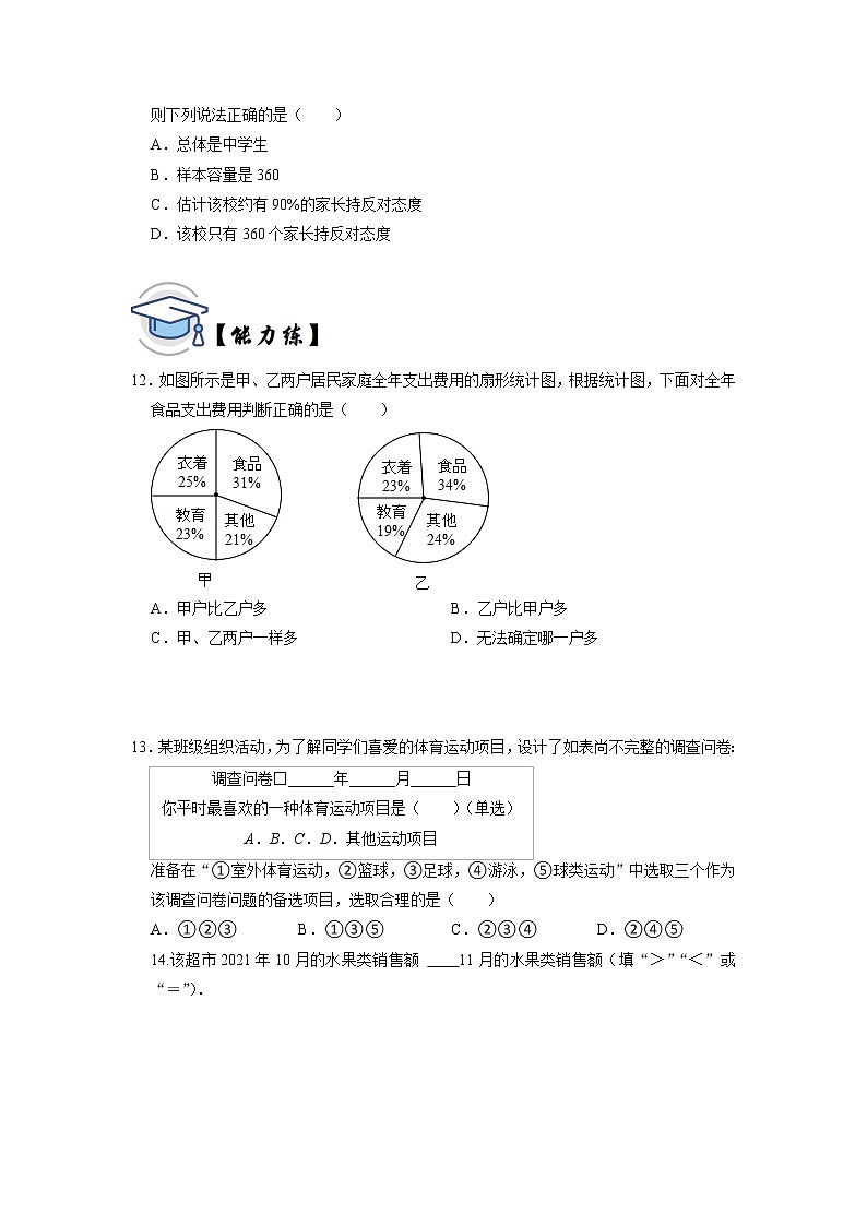 10.1 统计调查-2021-2022学年七年级数学下册同步练习(人教版)(原卷版)第3页