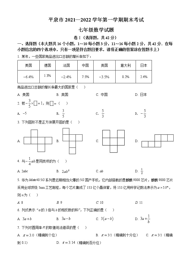 河北省承德市平泉市2021-2022学年七年级上学期期末考试数学试题(word版含答案)01