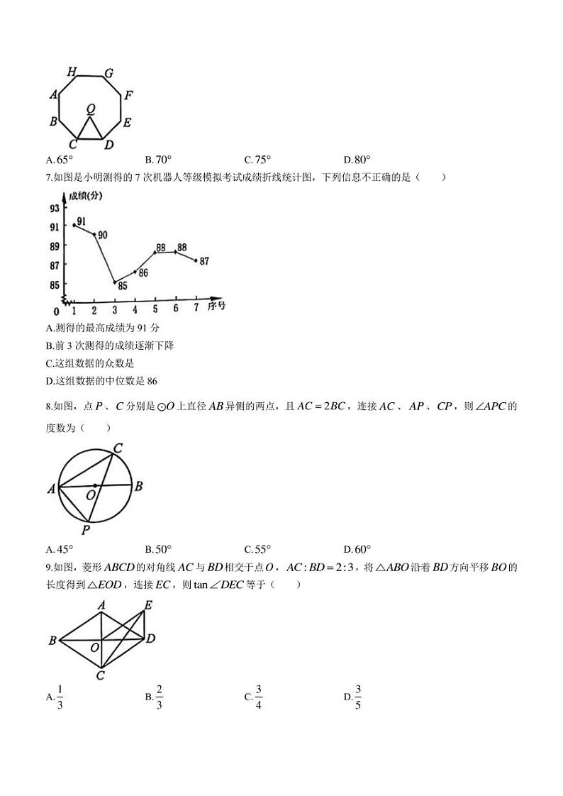 2022年福建省泉州市晋江初中学业质量检查数学试题(含答案)02