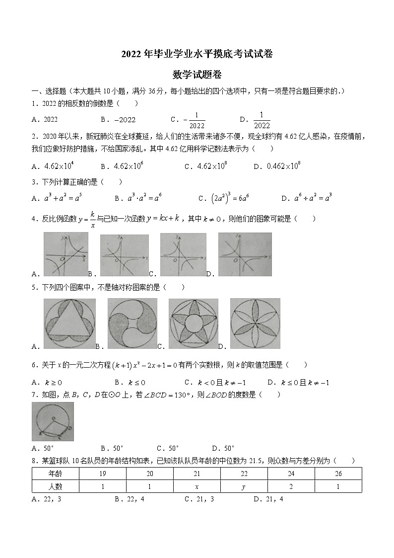 2022年湖南省娄底市双峰县初中毕业学业水平摸底考试数学试题(word版无答案)第1页