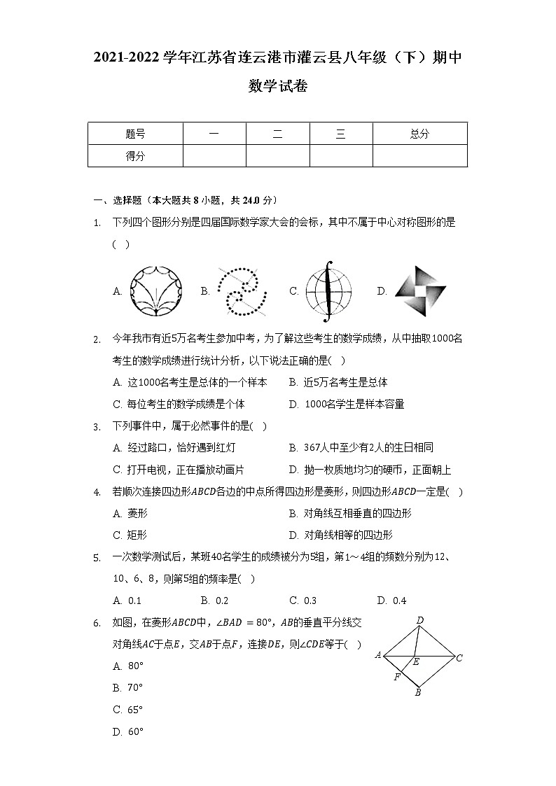 2021-2022学年江苏省连云港市灌云县八年级(下)期中数学试卷(含解析 )第1页