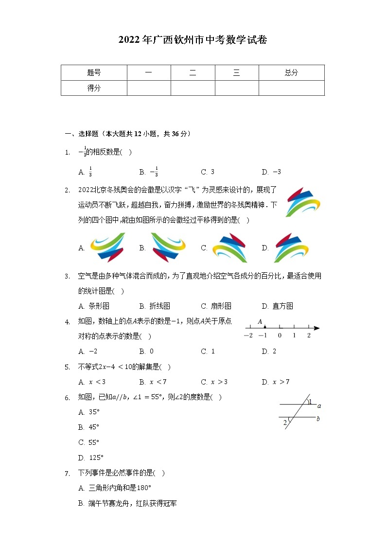 2022年广西钦州市中考数学试卷-普通用卷01