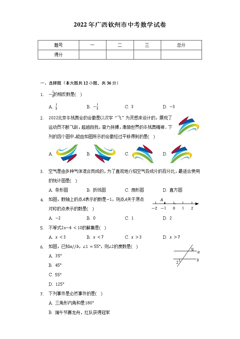 2022年广西钦州市中考数学试卷-普通用卷01