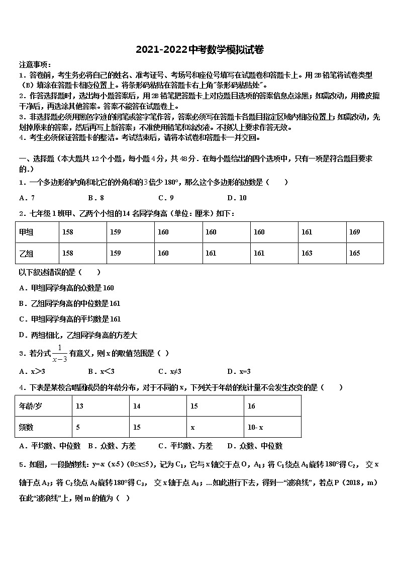 2022届北京市昌平二中学南校区中考数学模拟预测题含解析第1页