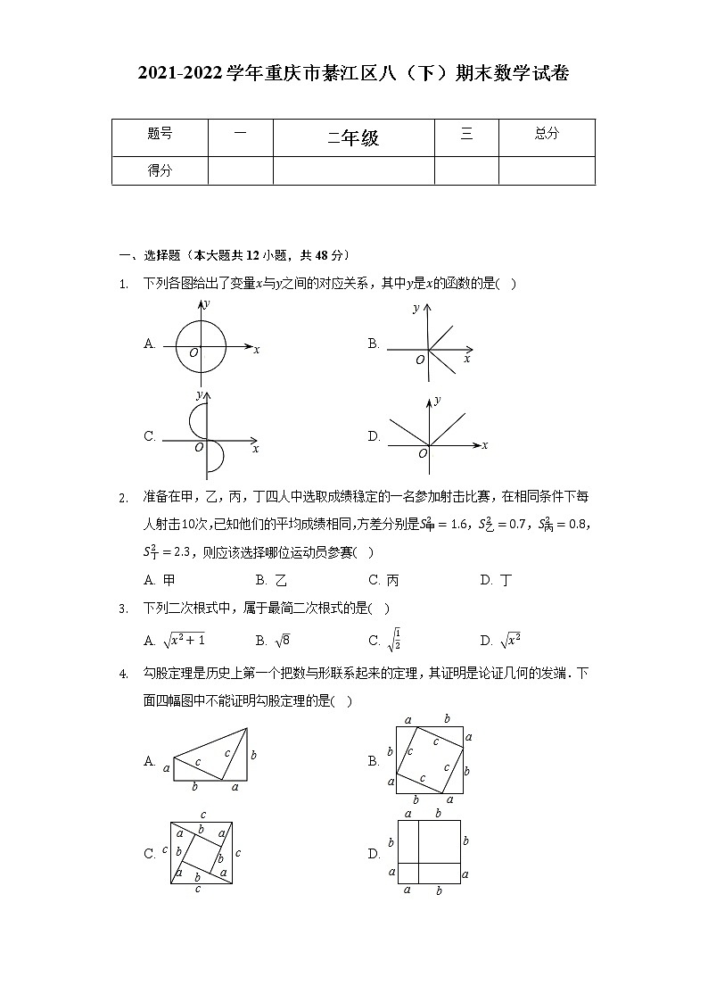2021-2022学年重庆市綦江区八年级(下)期末数学试卷(含解析)第1页