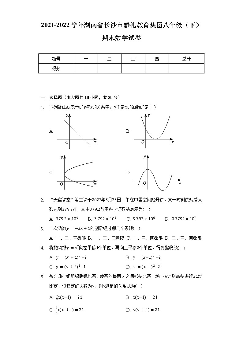 2021-2022学年湖南省长沙市雅礼教育集团八年级(下)期末数学试卷(含解析)第1页