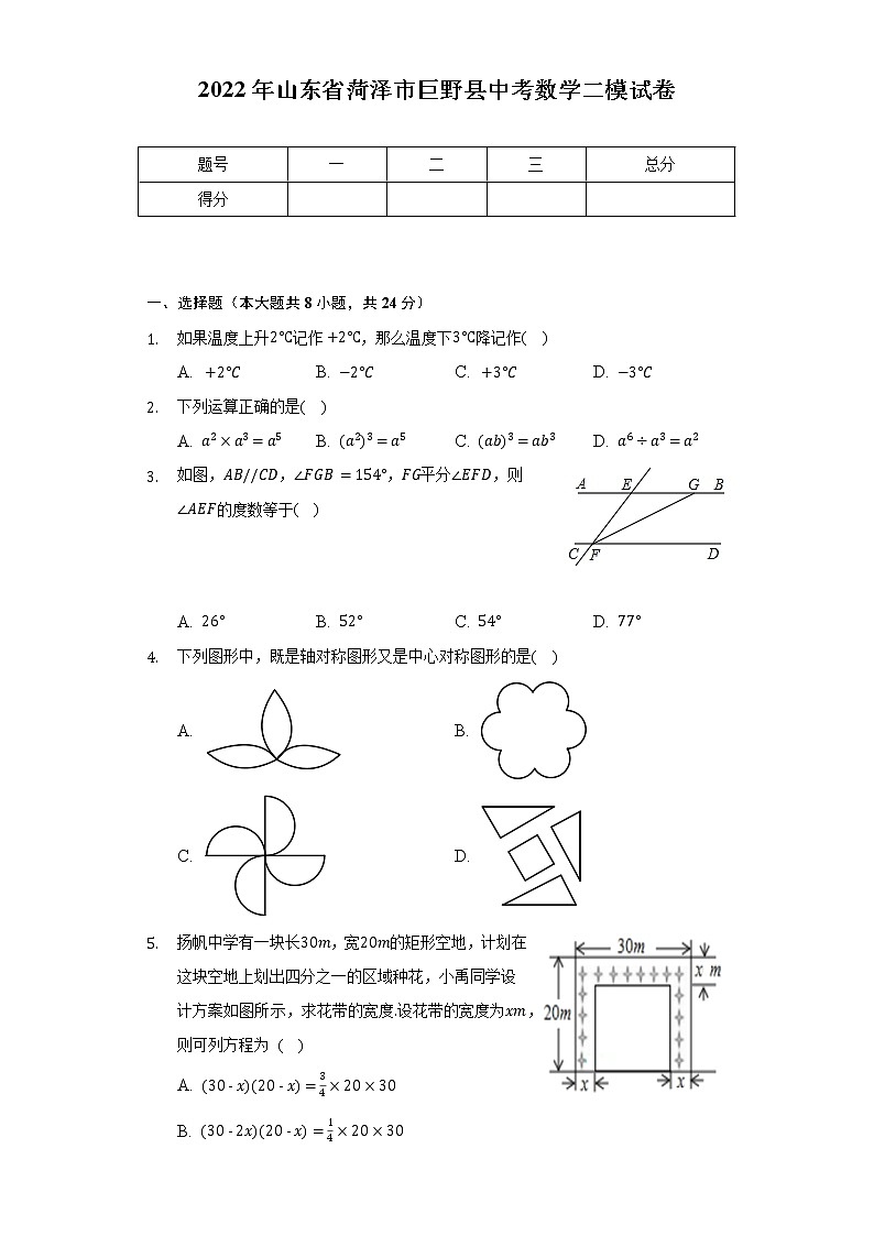 2022年山东省菏泽市巨野县中考数学二模试卷(Word解析版)第1页