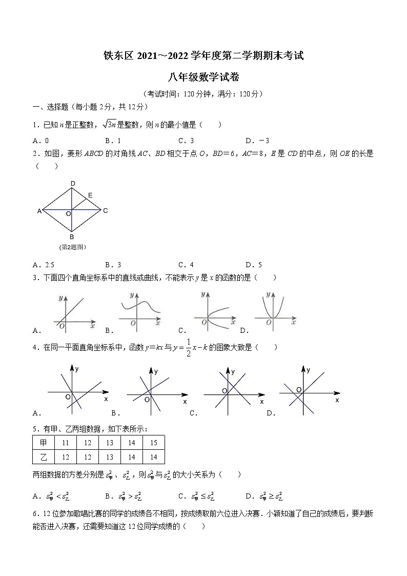 吉林省四平市铁东区2021-2022学年八年级下学期期末数学试题(word版含答案)第1页