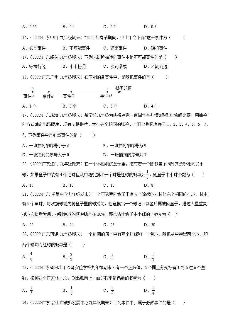 2021-2022学年人教版九年级数学上学期--第25章 概率初步 选择题（广东省各地期末试题汇编）03