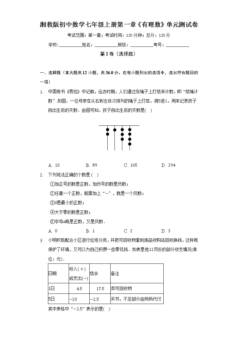 湘教版初中数学七年级上册第一章《有理数》单元测试卷（标准难度）01