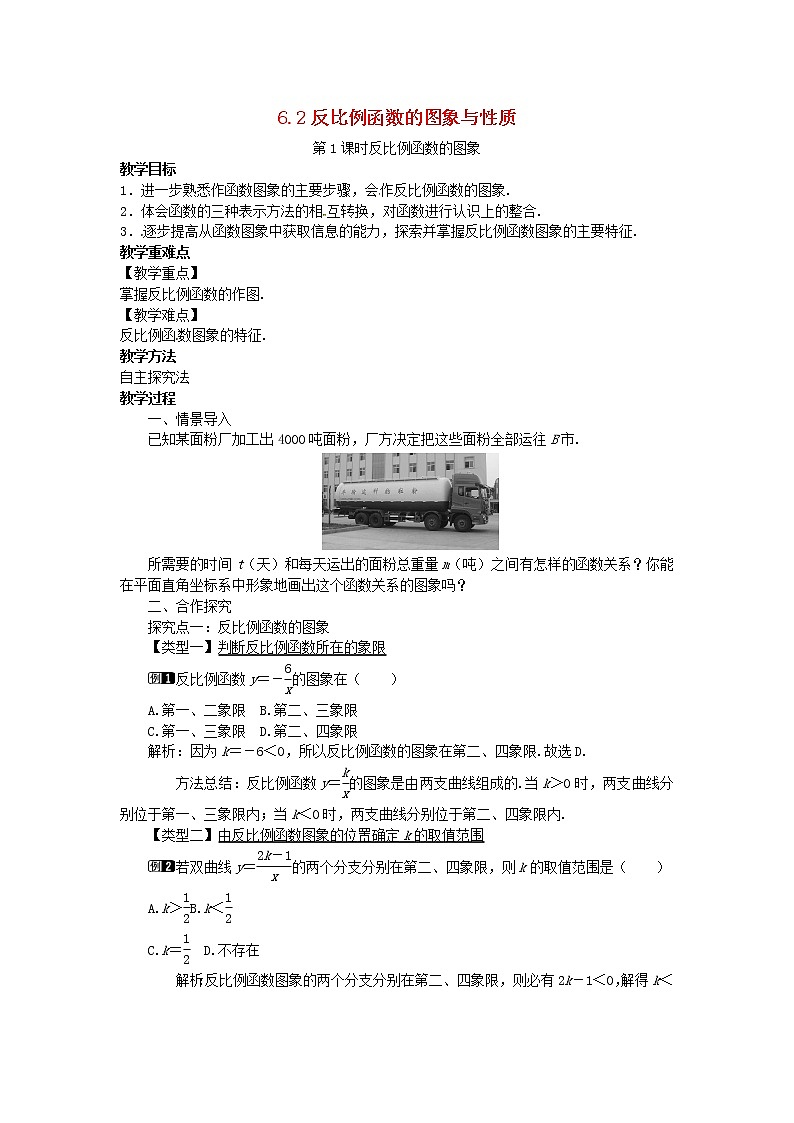 2022九年级数学上册第六章反比例函数6.2反比例函数的图象与性质第1课时反比例函数的图象教案新版北师大版01