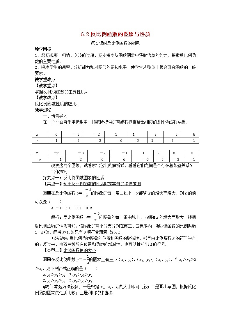 2022九年级数学上册第六章反比例函数6.2反比例函数的图象与性质第2课时反比例函数的性质教案新版北师大版01