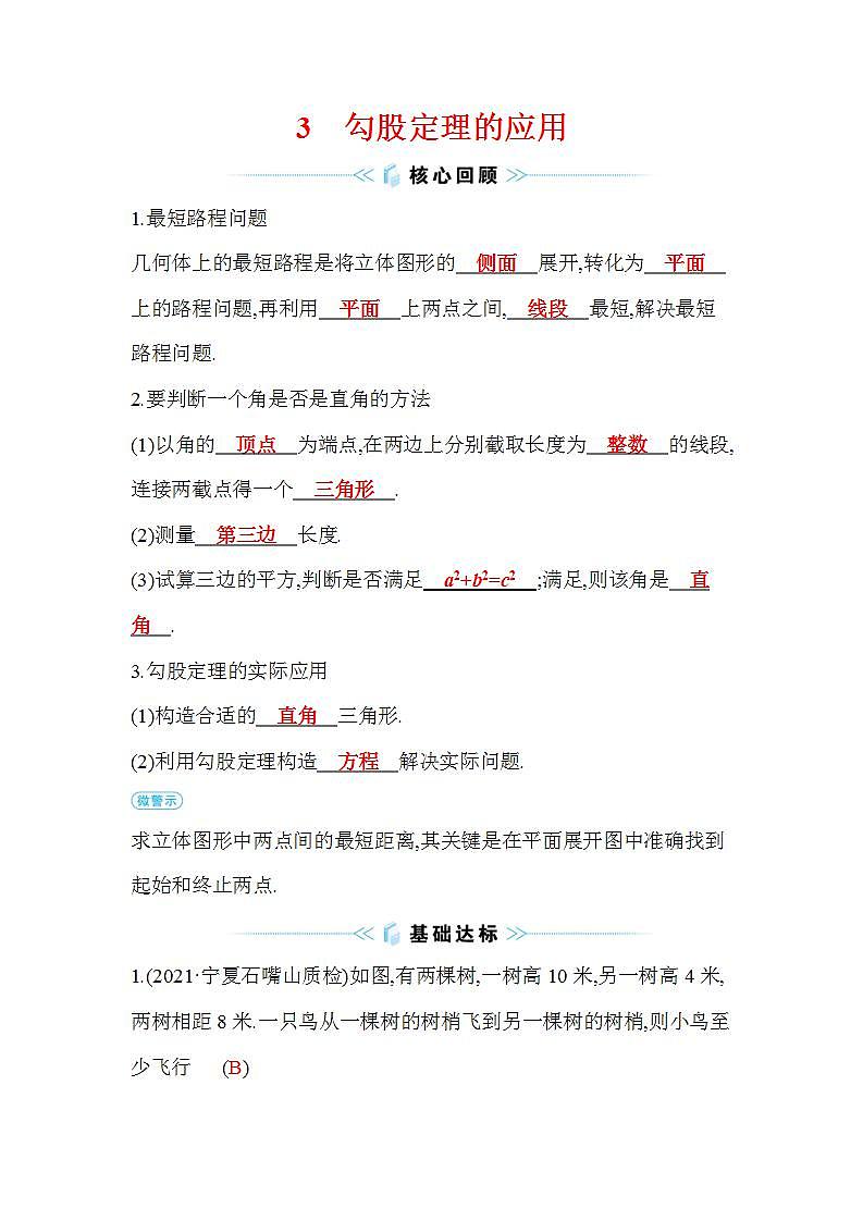 1.3 勾股定理的应用 北师大版八年级数学上册同步作业(含答案)01