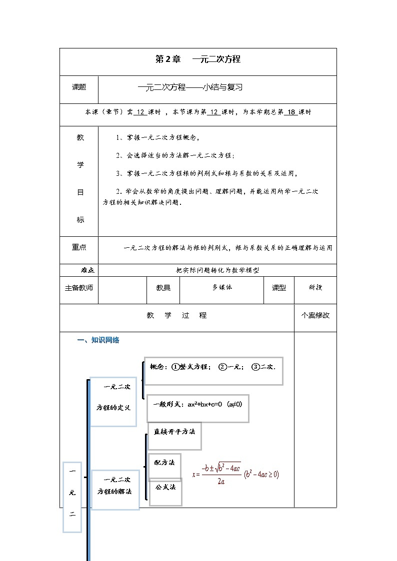 第二章 《一元二次方程》小结与复习-九年级数学上册教材配套教学教案(湘教版)01