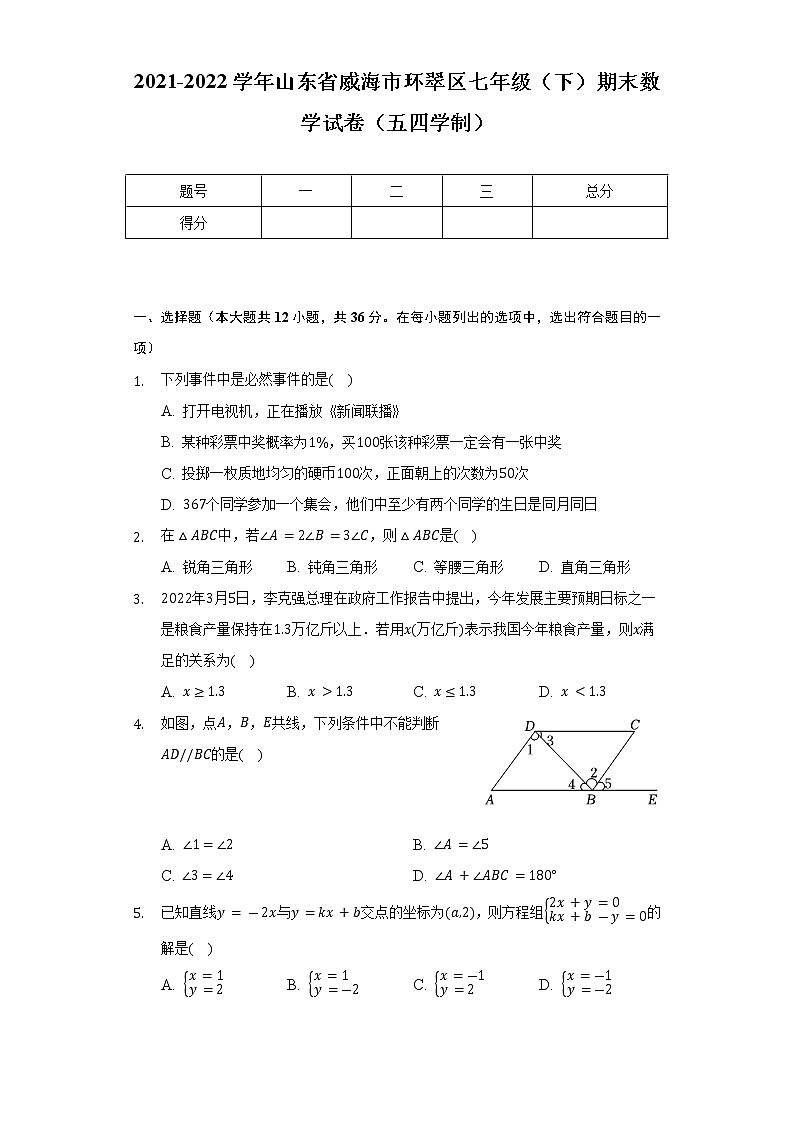 2021-2022学年山东省威海市环翠区七年级(下)期末数学试卷(五四学制)(Word解析版)第1页