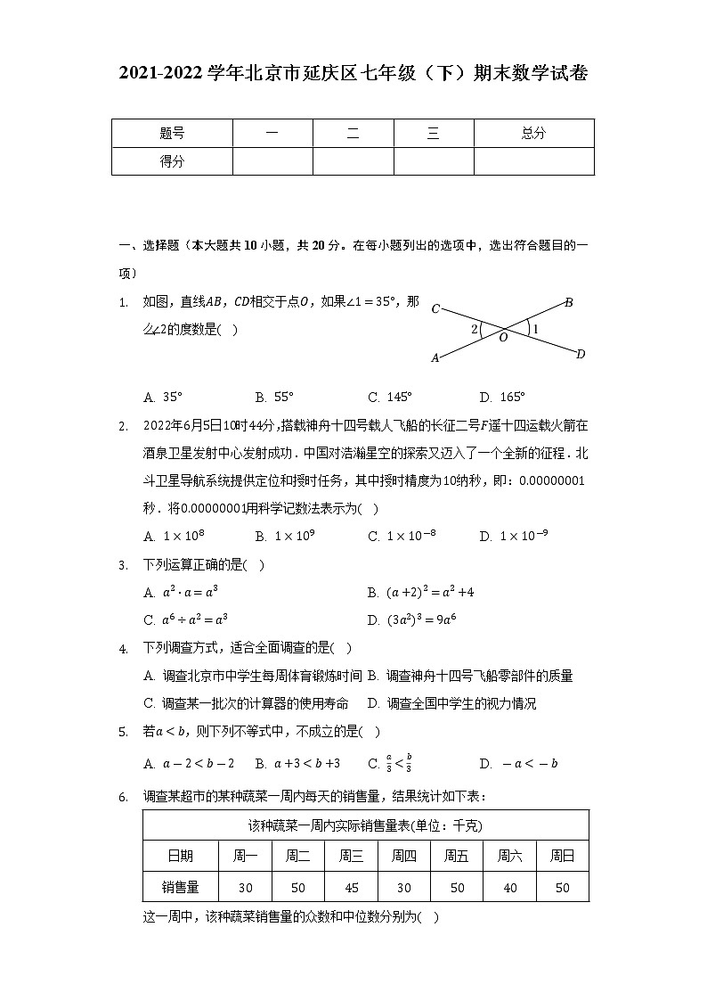 2021-2022学年北京市延庆区七年级(下)期末数学试卷(Word解析版)第1页