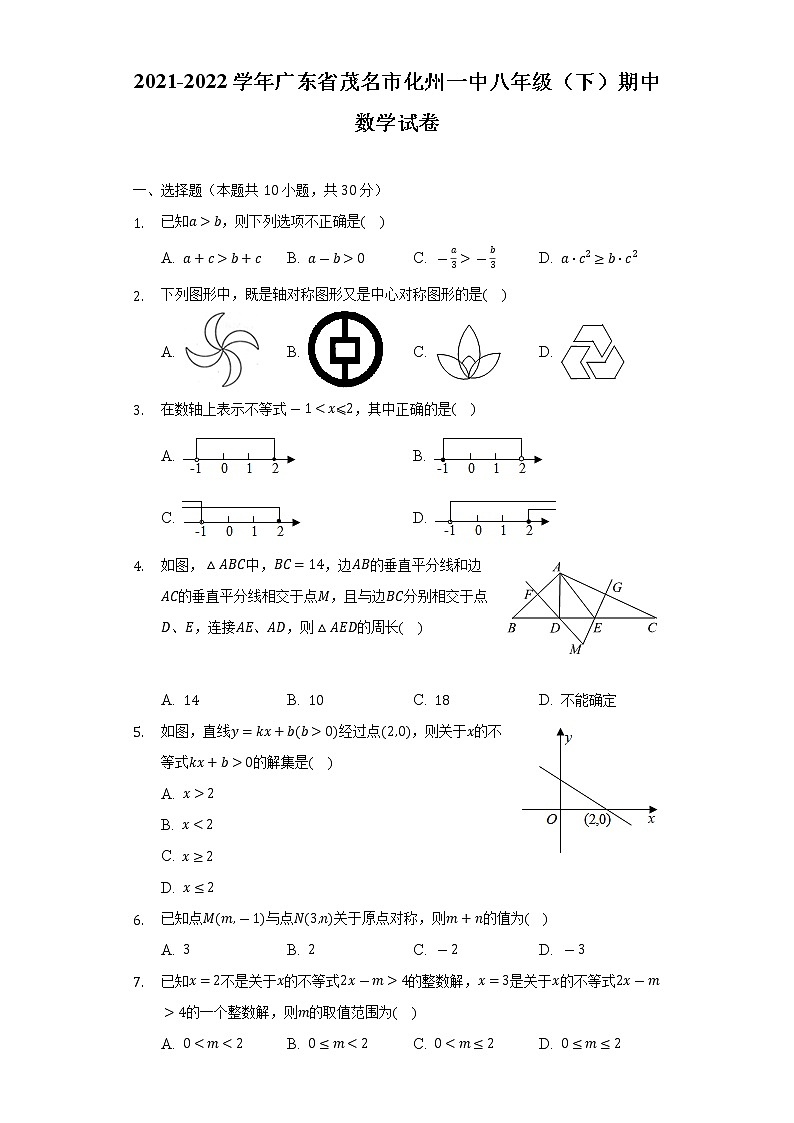 2021-2022学年广东省茂名市化州一中八年级(下)期中数学试卷(Word解析版)第1页