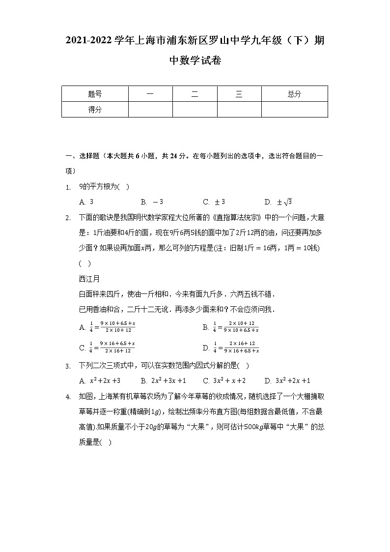 2021-2022学年上海市浦东新区罗山中学九年级(下)期中数学试卷(Word解析版)第1页